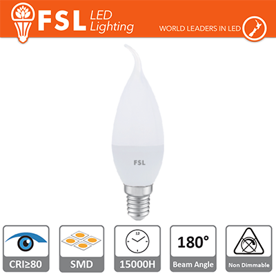 [FLBT38B6W30K14] FSL Lampadina candela BT38 "Colpo di Vento" 5,5W 3000K E14, 460lm, angolo 180‑200°, nuova classe ERP F