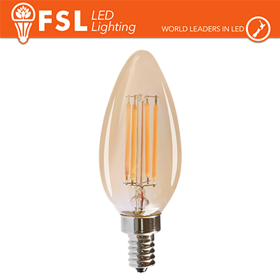 [FLC35V4W22K14] FSL Lampadina Oliva filamento vintage ambrata C35 4W 2200K E14, 360lm, angolo 300°, nuova classe ERP F