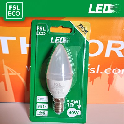 [FLEC37B6W30K14] FSL Lampadina Oliva C37 Blister 5,5W 3000K E14, 460lm, angolo 180°, nuova classe ERP G, confezione blister vendita