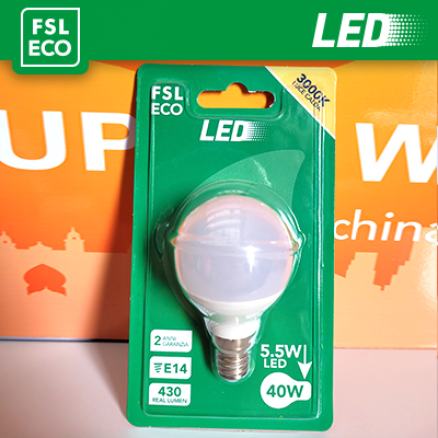 [FLEG45B6W40K27] FSL Lampadina Mini‑Sfera G45 Blister 5,5W 4000K E27, 450lm, angolo 180°, nuova classe ERP F, confezione blister vendita
