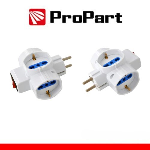 Adattatore 3 prese 2P+T 10/16A bipasso/Schuko con interrutt. Spina Schuko