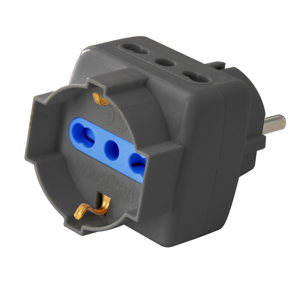[PES1040A-BKP] Adattatore triplo 3pos bipasso/schuko spina Schuko nero